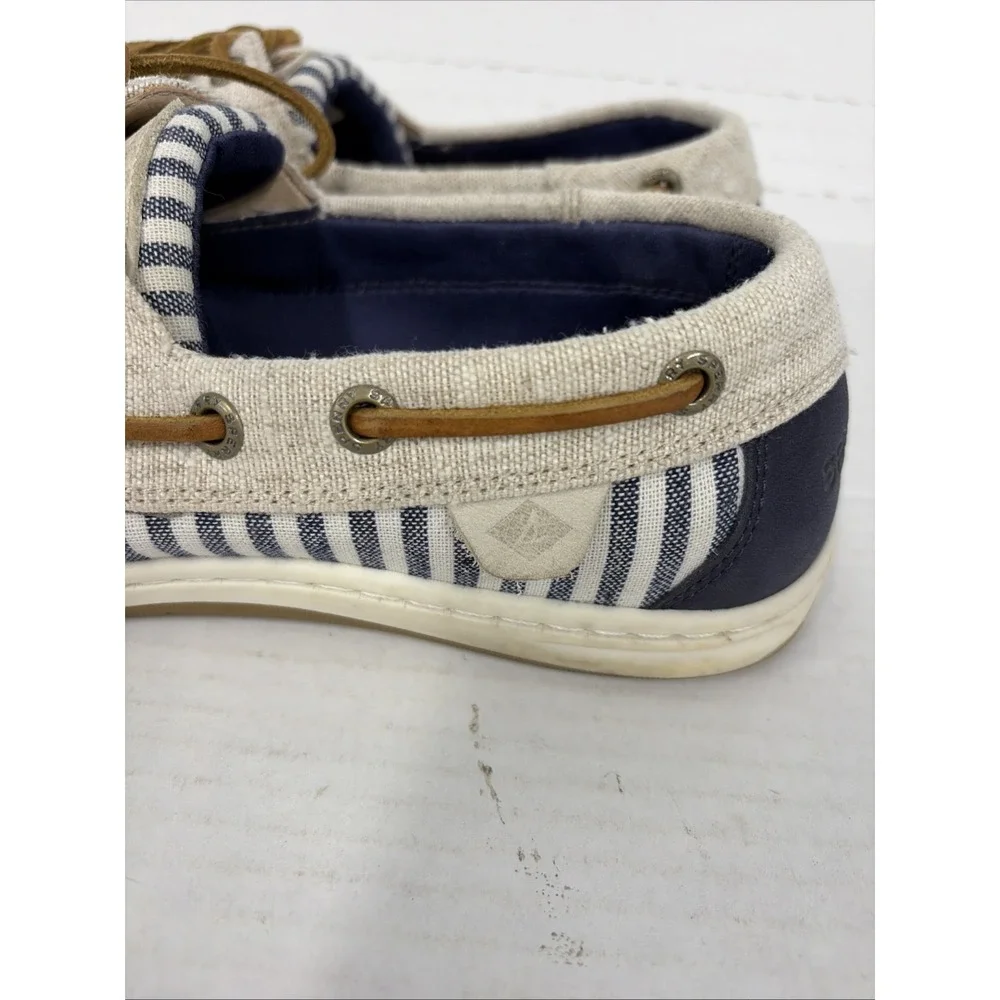Sperry Top-Sider Women's 8M Boat Shoes Navy Cream Striped Leather Canvas T14